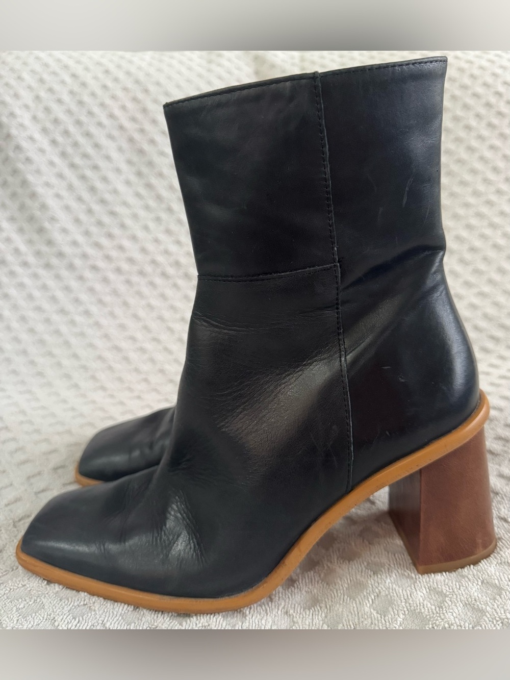 ALOHAS West Black Vintage Leather Square Toe Ankle Boots Brown Heel EU 38 US 7.5 - Picture 4 of 16